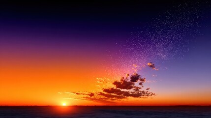 Vibrant sunset over calm ocean waters, with a gradient of orange, purple, and blue hues, creating a serene atmosphere and reflecting light on the water's surface