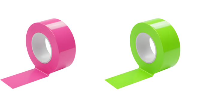 Two rolls of glossy colored adhesive tape in pink and green isolated on white background, perfect for crafts and office use