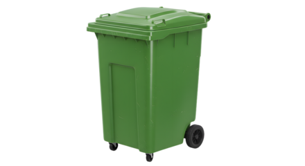 Green plastic wheeled trash bin isolated on white background for waste disposal and recycling management