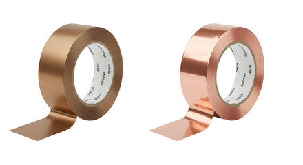 Two rolls of metallic copper and bronze adhesive tape on white background, shiny and reflective tape for craft and industrial use, ideal for packaging and decoration