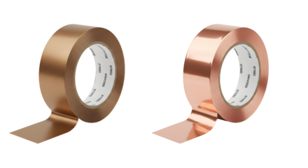 Two rolls of metallic copper and bronze adhesive tape on white background, shiny and reflective tape for craft and industrial use, ideal for packaging and decoration