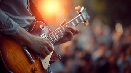 Obraz premium Close up of a guitarist passionately performing on stage during a vibrant outdoor concert at sunset