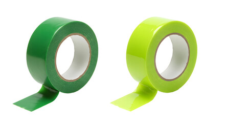 Two rolls of green and yellow adhesive tape for packaging and crafting applications on white background