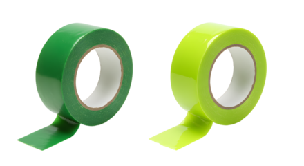 Two rolls of green and yellow adhesive tape for packaging and crafting applications on white background