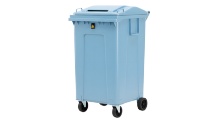Blue plastic waste bin with wheels for easy mobility on white background, ideal for waste management and recycling