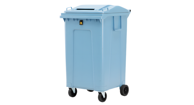 Blue plastic waste bin with wheels for easy mobility on white background, ideal for waste management and recycling