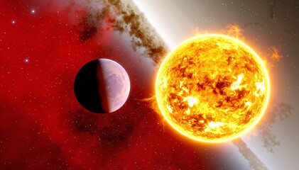 A vibrant red and yellow planet, swirling with dynamic hues, features striking patterns of crimson and golden tones, resembling a cosmic masterpiece.