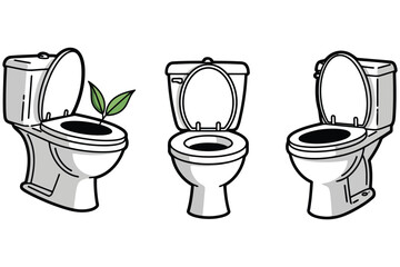 Vector art of three toilet bowls, one with a plant growing inside, a humorous take on ecofriendly plumbing and sustainable sanitation solutions for a greener future