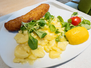Delicious chicken schnitzel with potato salad and fresh greens on a white plate