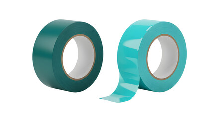 Two rolls of teal colored adhesive tape with one roll partially unrolled isolated on white background, perfect for crafting and packaging projects