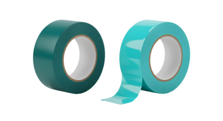 Two rolls of teal colored adhesive tape with one roll partially unrolled isolated on white background, perfect for crafting and packaging projects