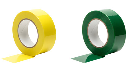 Yellow and green adhesive tape rolls on white background, useful for packaging and crafting projects