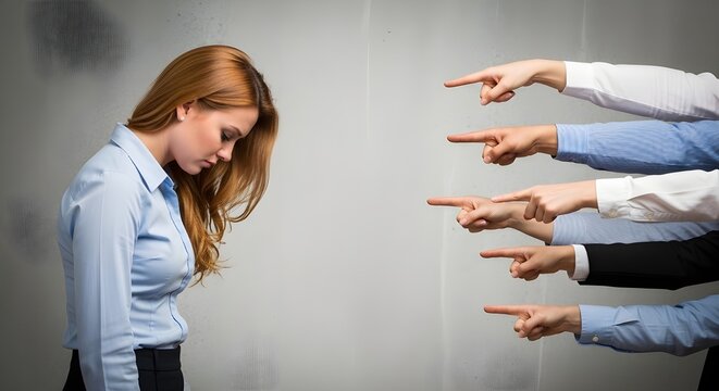 Pointing Fingers at Depressed Woman | Workplace Bullying, Mobbing, Harassment and Accusation Concept for Business, Social Issues, and Mental Health