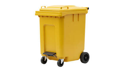 Yellow industrial wheeled garbage bin isolated on white background, perfect for waste management and recycling