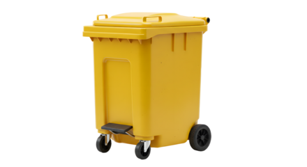 Yellow industrial wheeled garbage bin isolated on white background, perfect for waste management and recycling