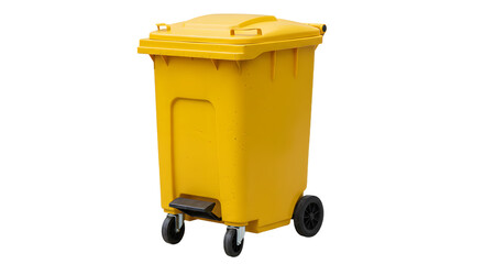 Yellow wheeled garbage bin isolated on white background, trash container for waste management and recycling, perfect for environmental projects