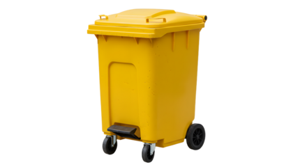 Yellow wheeled garbage bin isolated on white background, trash container for waste management and recycling, perfect for environmental projects