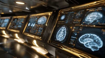 Luxury hi-tech medical interface, MRI brain scans glowing on multiple curved holographic screens, golden accents with neon blue highlights, futuristic diagnostic visuals, ultra-detailed brain.
