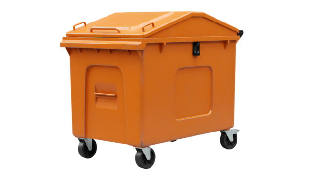 Orange outdoor commercial dumpster with wheels isolated on white background, useful for waste management and recycling