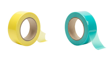 Two rolls of adhesive tape in yellow and teal colors isolated on white background, useful for crafting and office supplies