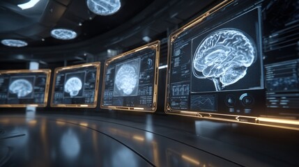 Luxury hi-tech medical interface, MRI brain scans glowing on multiple curved holographic screens, golden accents with neon blue highlights, futuristic diagnostic visuals, ultra-detailed brain.