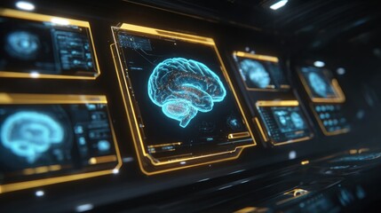 Luxury hi-tech medical interface, MRI brain scans glowing on multiple curved holographic screens, golden accents with neon blue highlights, futuristic diagnostic visuals, ultra-detailed brain.