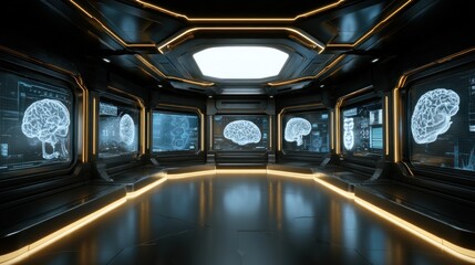 Luxury hi-tech medical interface, MRI brain scans glowing on multiple curved holographic screens, golden accents with neon blue highlights, futuristic diagnostic visuals, ultra-detailed brain.