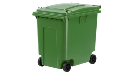 Green plastic outdoor garbage bin with wheels isolated on white background, perfect for waste management and recycling purposes