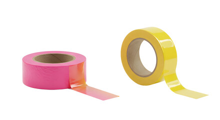 Two rolls of brightly colored sticky tape in pink and yellow isolated on white background, perfect for crafts and office use
