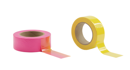 Two rolls of brightly colored sticky tape in pink and yellow isolated on white background, perfect for crafts and office use