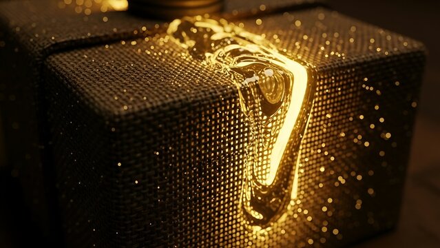 Close-up of a textured, dark gift box with a golden liquid pouring over it, creating a luminous, glowing effect. - Powered by Adobe