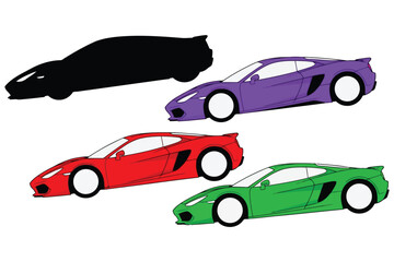 Vector art of colorful sports cars showcasing a red, green, purple and black silhouette, perfect for automotive enthusiasts and design projects
