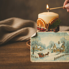 Torn vintage holiday card and Christmas candle with dried orange and cinnamon lit by hand with match