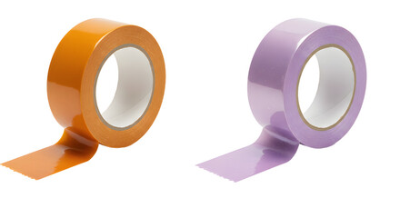 Two rolls of colored adhesive tape in orange and purple isolated on white background, perfect for crafts and packaging projects