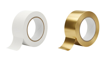 Two rolls of adhesive tape, one white and one gold, isolated on white background, useful for packaging and crafting