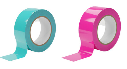 Two rolls of colored adhesive tape in turquoise and pink isolated on white background, perfect for crafts and packaging