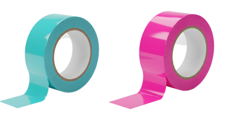 Two rolls of colored adhesive tape in turquoise and pink isolated on white background, perfect for crafts and packaging