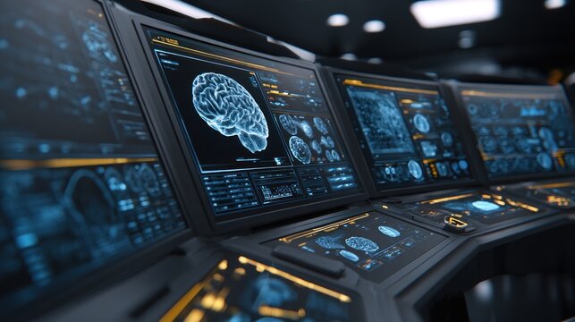 Luxury hi-tech medical interface, MRI brain scans glowing on multiple curved holographic screens, golden accents with neon blue highlights, futuristic diagnostic visuals, ultra-detailed brain. - Powered by Adobe