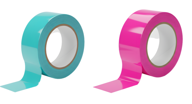 Two rolls of colored adhesive tape in turquoise and pink isolated on white background, perfect for crafts and packaging
