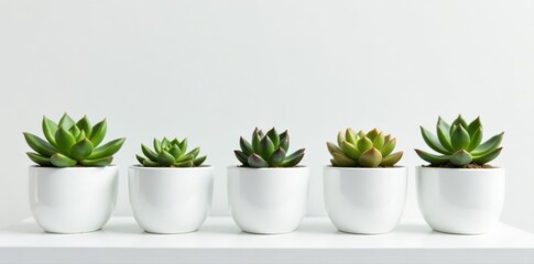 Fototapeta premium Several small succulents in different white containers on a clean white shelf , pot, decor, bedroom
