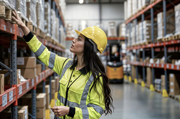 portrait of smiling engineer in helmet woman order details and checking goods and supplies on shelves concept goods background in warehouse logistic and business export