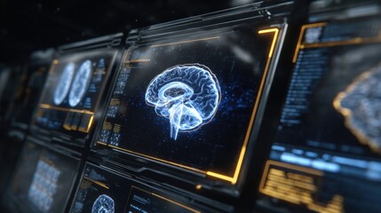 Luxury hi-tech medical interface, MRI brain scans glowing on multiple curved holographic screens, golden accents with neon blue highlights, futuristic diagnostic visuals, ultra-detailed brain.