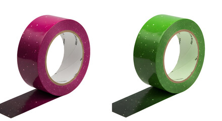 Two rolls of glittery adhesive tape in pink and green colors isolated on white background, perfect for crafts and gift wrapping