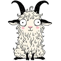 Cute fluffy goat with black horns and big eyes, illustration on transparent background for kid design.