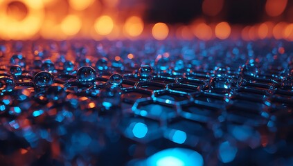 Fototapeta premium Close up of a hexagonal molecular structure illuminated with blue and orange light