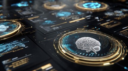 Luxury hi-tech medical interface, MRI brain scans glowing on multiple curved holographic screens, golden accents with neon blue highlights, futuristic diagnostic visuals, ultra-detailed brain.