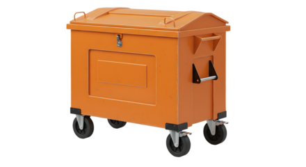 Orange commercial waste dumpster on wheels isolated on white background, industrial trash container for garbage disposal and recycling