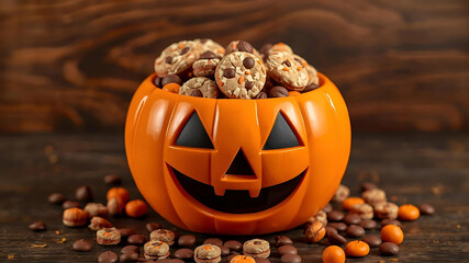 Realistic Carved Halloween Pumpkin with Glowing Face on Wooden Table