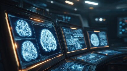 Luxury hi-tech medical interface, MRI brain scans glowing on multiple curved holographic screens, golden accents with neon blue highlights, futuristic diagnostic visuals, ultra-detailed brain.