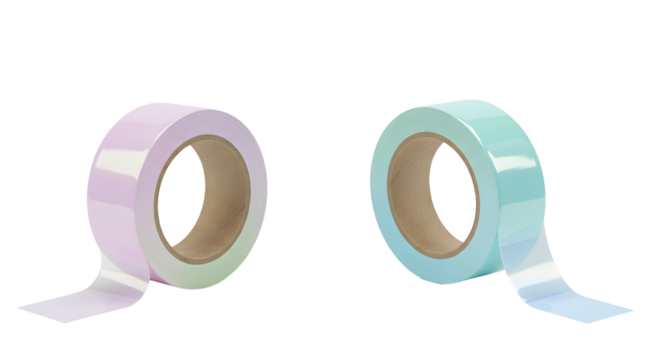 Two rolls of pastel colored adhesive tape in pink and blue on white background, perfect for crafts and decoration projects